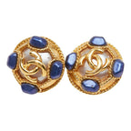 Chanel CC Logo Vintage Round Earrings 95 Gold Blue Plated Faux Pearl