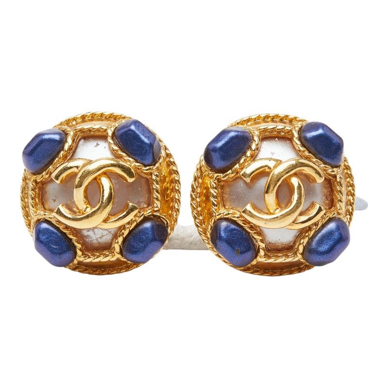 Chanel CC Logo Vintage Round Earrings 95 Gold Blue Plated Faux Pearl — view 2