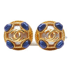 Chanel CC Logo Vintage Round Earrings 95 Gold Blue Plated Faux Pearl — view 2