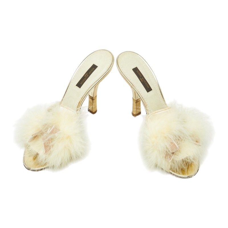 Louis Vuitton Ribbon High Heels Mules Ivory Satin Leather Feather — view 4
