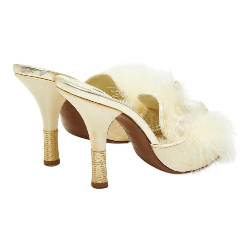 Louis Vuitton Ribbon High Heels Mules Ivory Satin Leather Feather — view 3