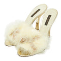 Louis Vuitton Ribbon High Heels Mules Ivory Satin Leather Feather