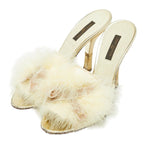 Louis Vuitton Ribbon High Heels Mules Ivory Satin Leather Feather