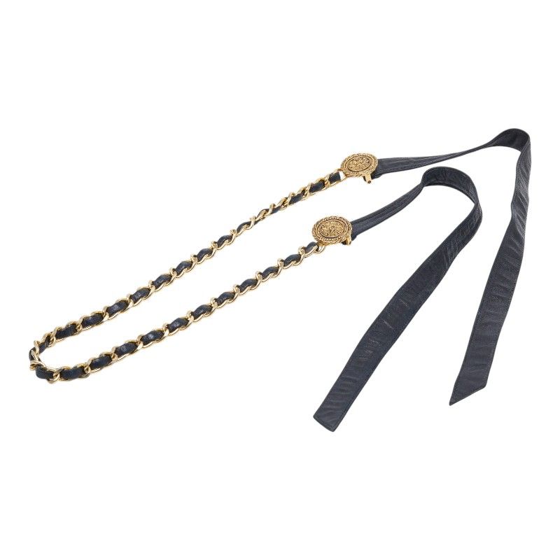 Chanel CC Logo Chain Belt Black Gold Leather Plated