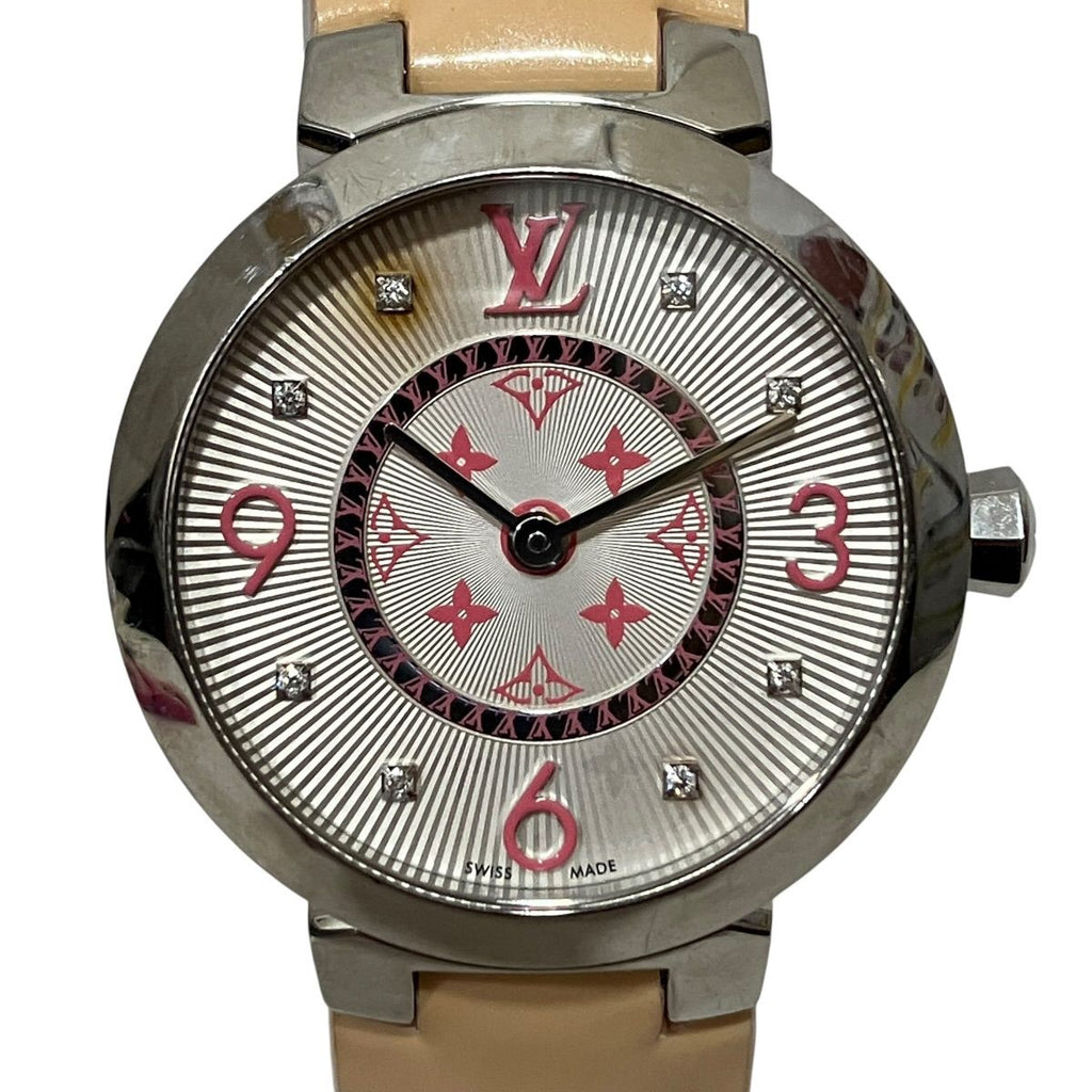Louis Vuitton Tambour Monogram PM Vernis Watch SS Leather Quartz White Dial