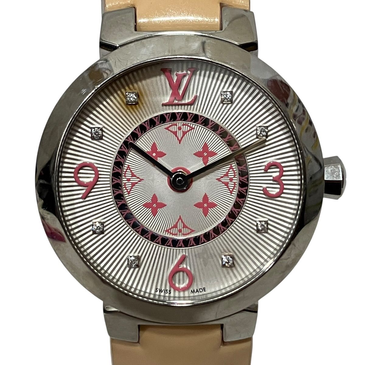 Louis Vuitton Tambour Monogram PM Vernis Watch SS Leather Quartz White Dial