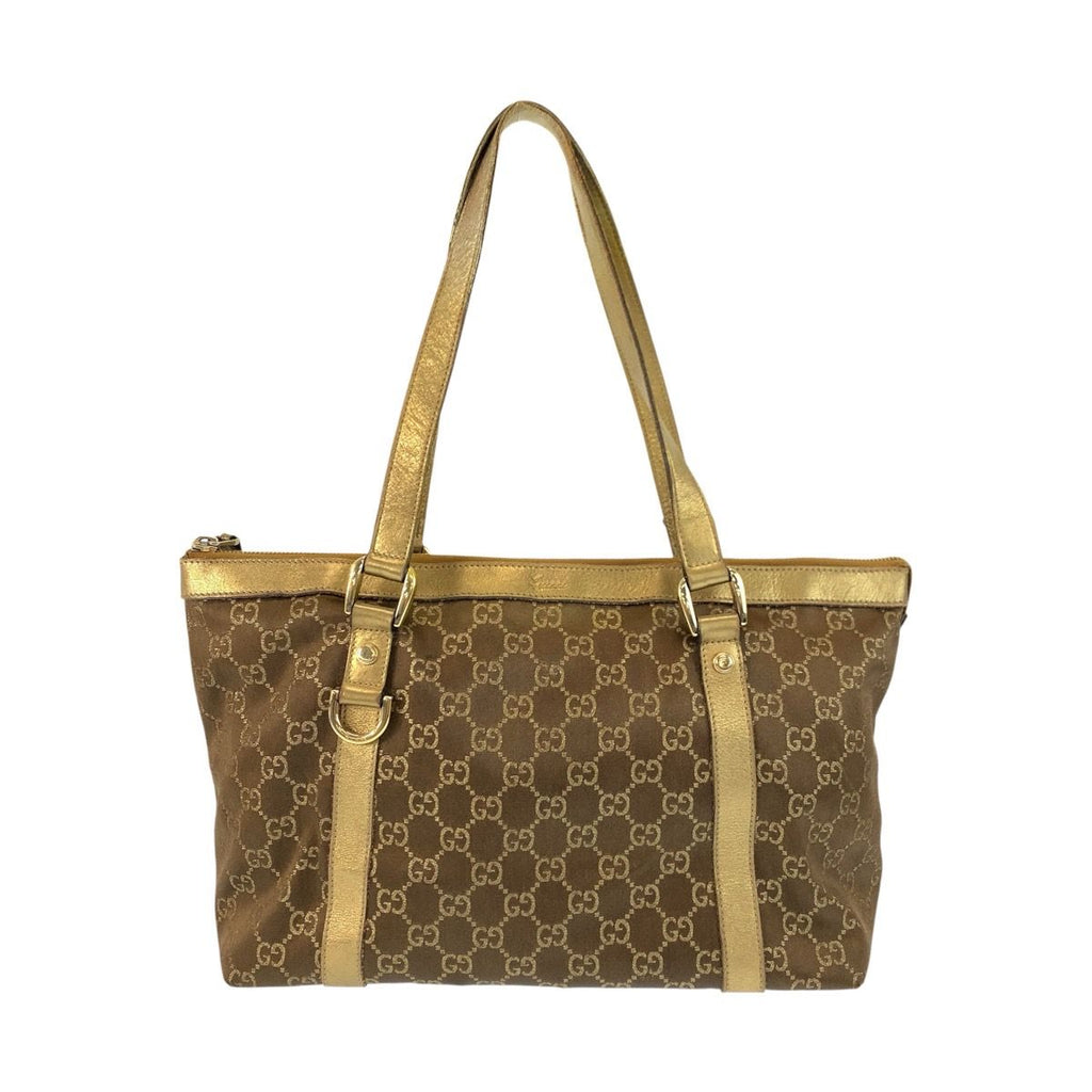 Gucci Abbey Gold Brown GG Canvas Leather Tote Shoulder