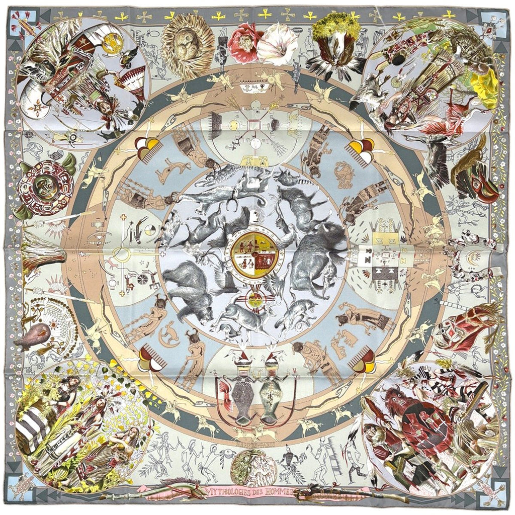 Hermes Carre 90 les Mythologies Des Hommes Rouges Legend of Brown Scarf Silk
