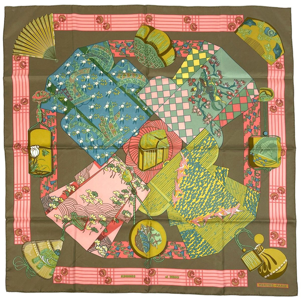 Hermes Carre 90 Kimonos Et Inros Kimono and Inro Scarf Silk Khaki Multicolor