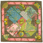 Hermes Carre 90 Kimonos Et Inros Kimono and Inro Scarf Silk Khaki Multicolor