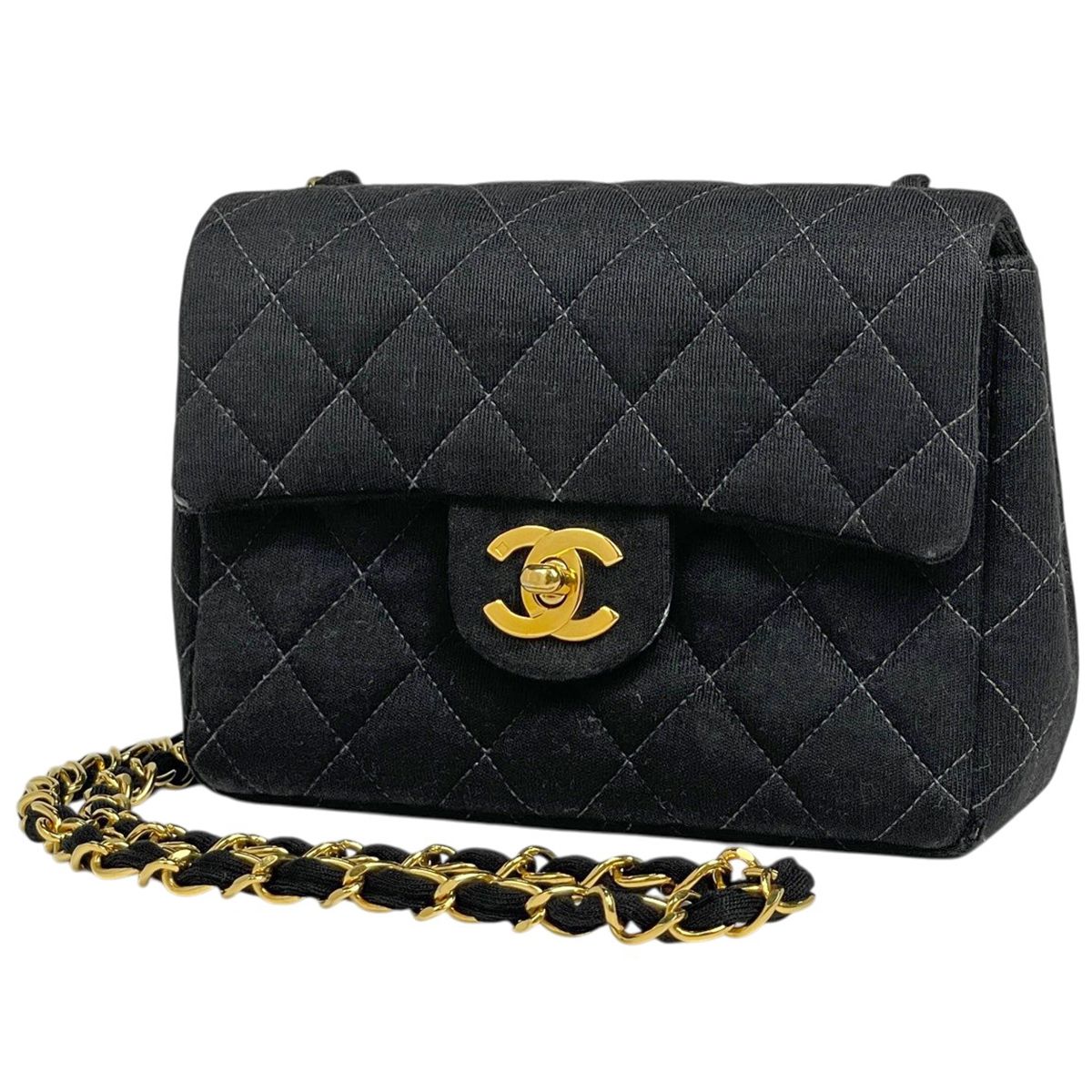 Chanel Mini Quilted Single Flap Chain Shoulder Bag CC Logo Fabric Black