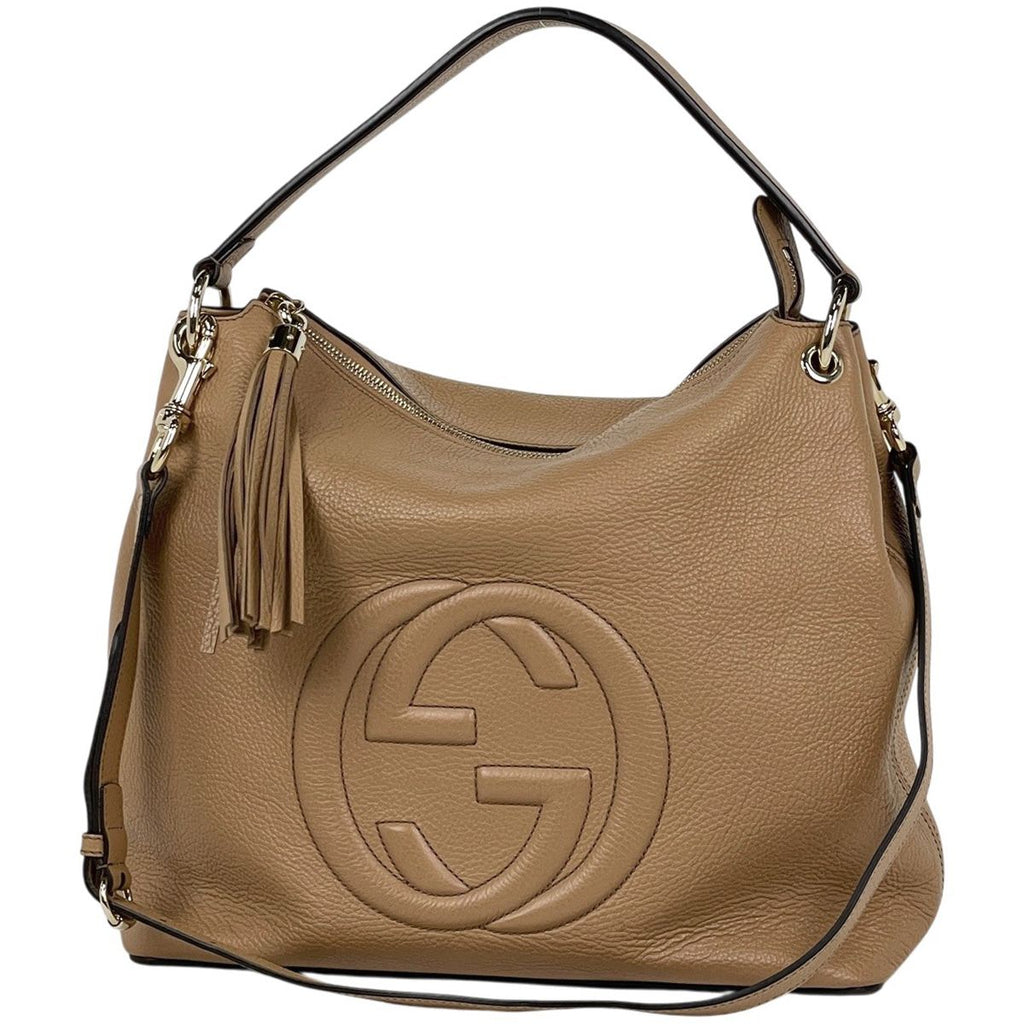 Gucci Soho 2-Way Shoulder Bag Interlocking Fringe Leather Beige