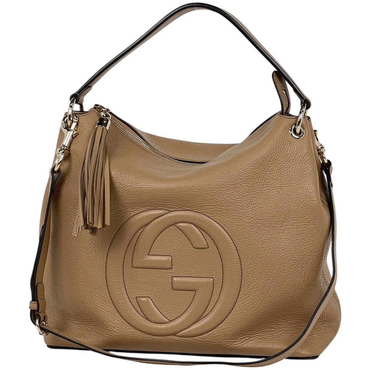 Gucci Soho 2-Way Shoulder Bag Interlocking Fringe Leather Beige