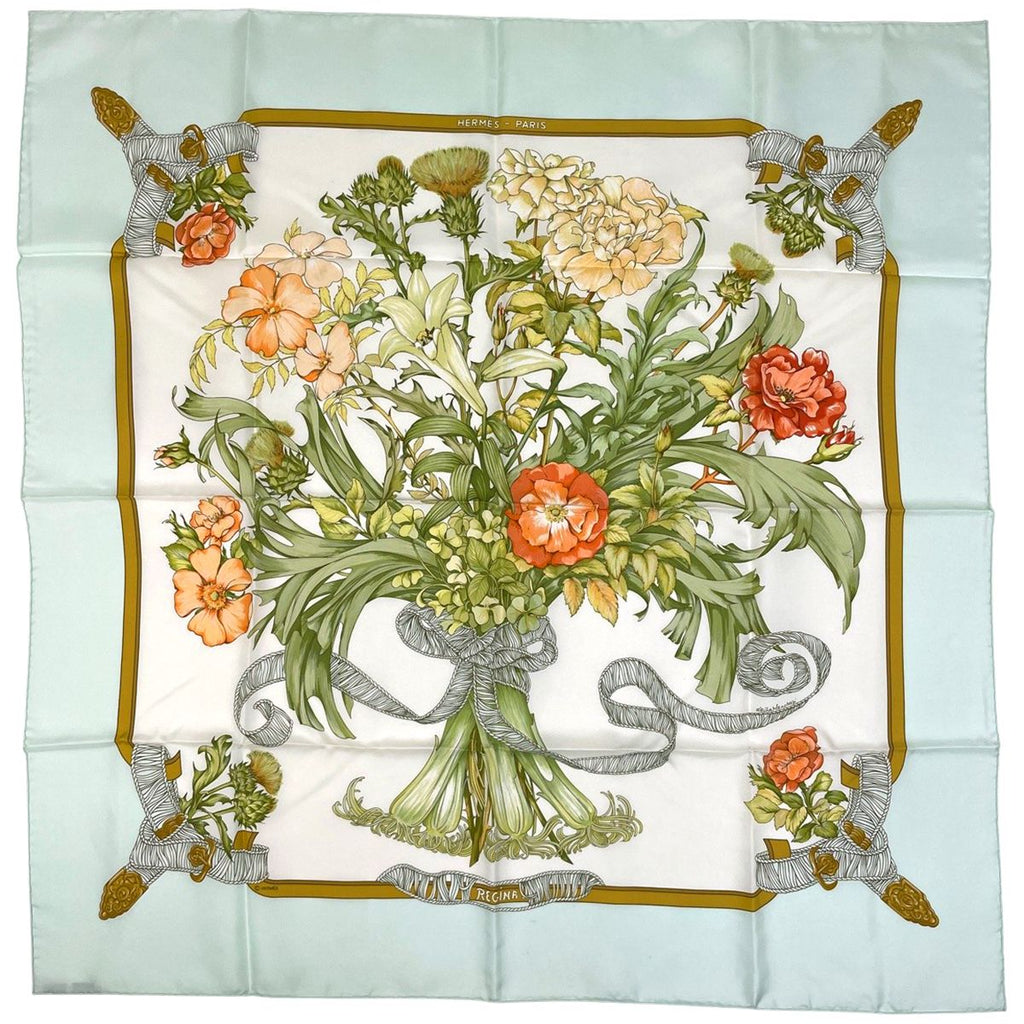 Hermes Carre 90 Regina Her Majesty the Queen Scarf Silk Green Multicolor