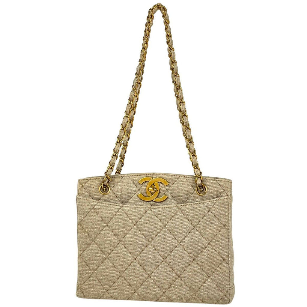 Chanel CC Logo Chain Tote Shoulder Bag Canvas Natural