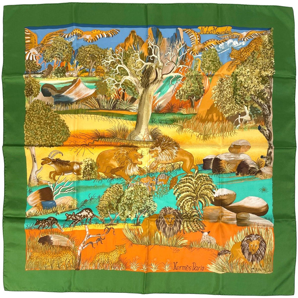Hermes Carre 90 Nubamountain Scarf Silk Green Orange Multicolor