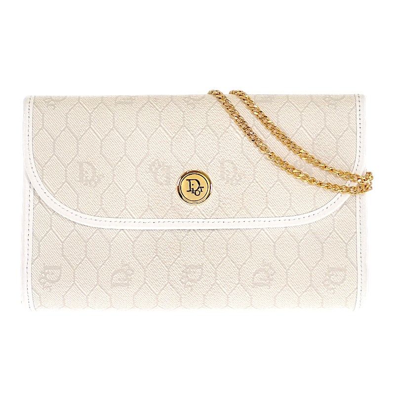 Dior Chain Shoulder Bag Leather White Honeycomb Pattern Vintage