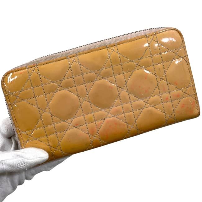 Dior Zip Around Wallet Orange Beige Lady Cannage Patent Enamel — view 9