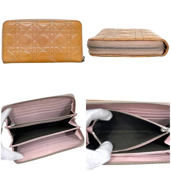 Dior Zip Around Wallet Orange Beige Lady Cannage Patent Enamel — view 3