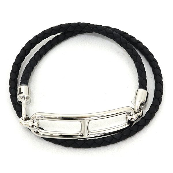 Hermes Leather Bracelet Double Tour Braided Vo Swift Black Silver