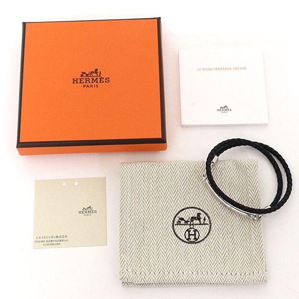 Hermes Leather Bracelet Double Tour Braided Vo Swift Black Silver — view 2