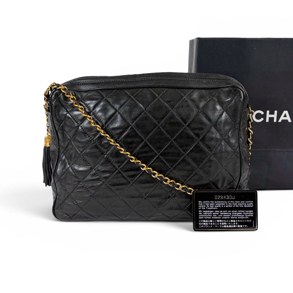 Chanel Quilted Chain Shoulder Bag Tassel Charm Fringe Black Lambskin