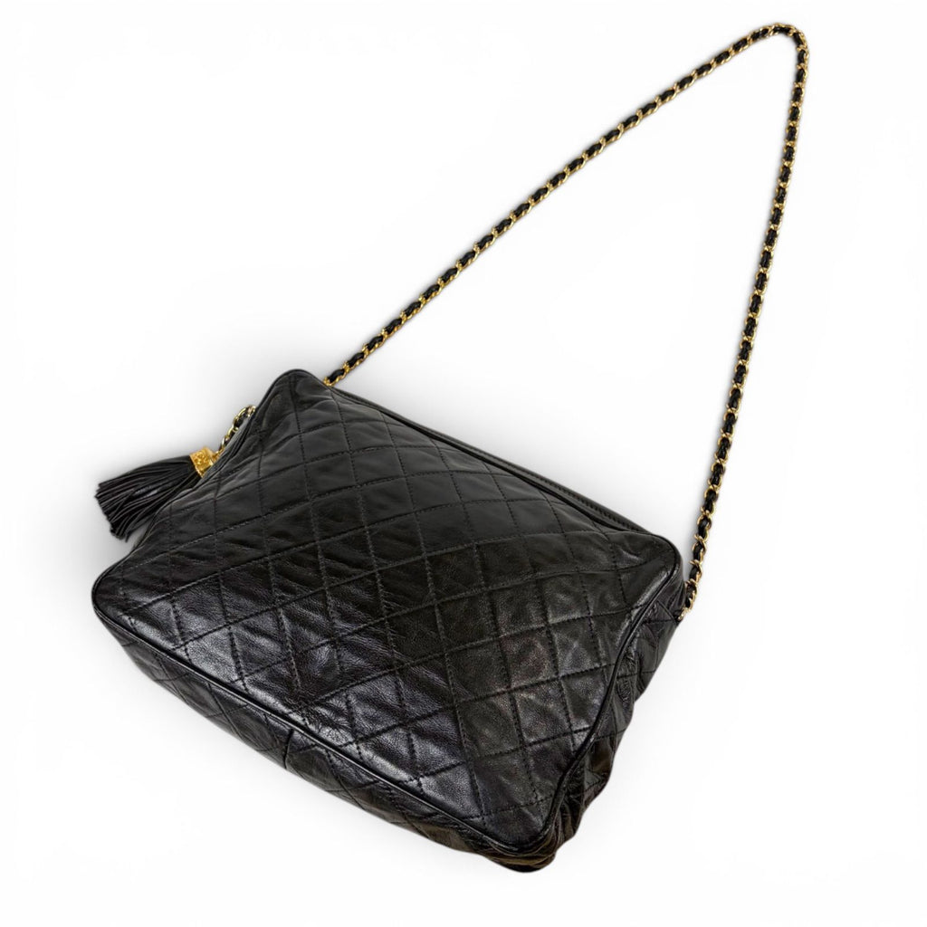 Chanel Quilted Chain Shoulder Bag Tassel Charm Fringe Black Lambskin — view 2