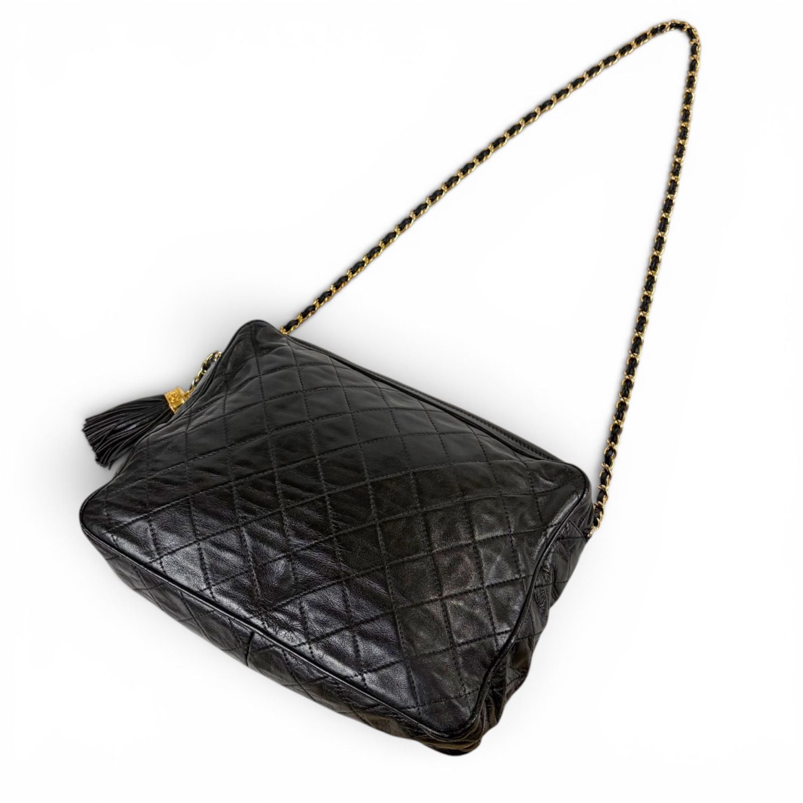 Chanel Quilted Chain Shoulder Bag Tassel Charm Fringe Black Lambskin — view 2
