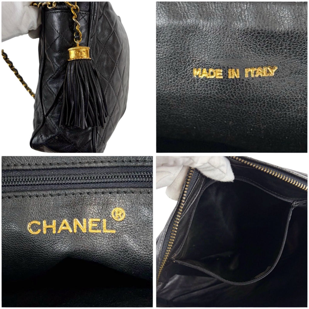 Chanel Quilted Chain Shoulder Bag Tassel Charm Fringe Black Lambskin — view 9