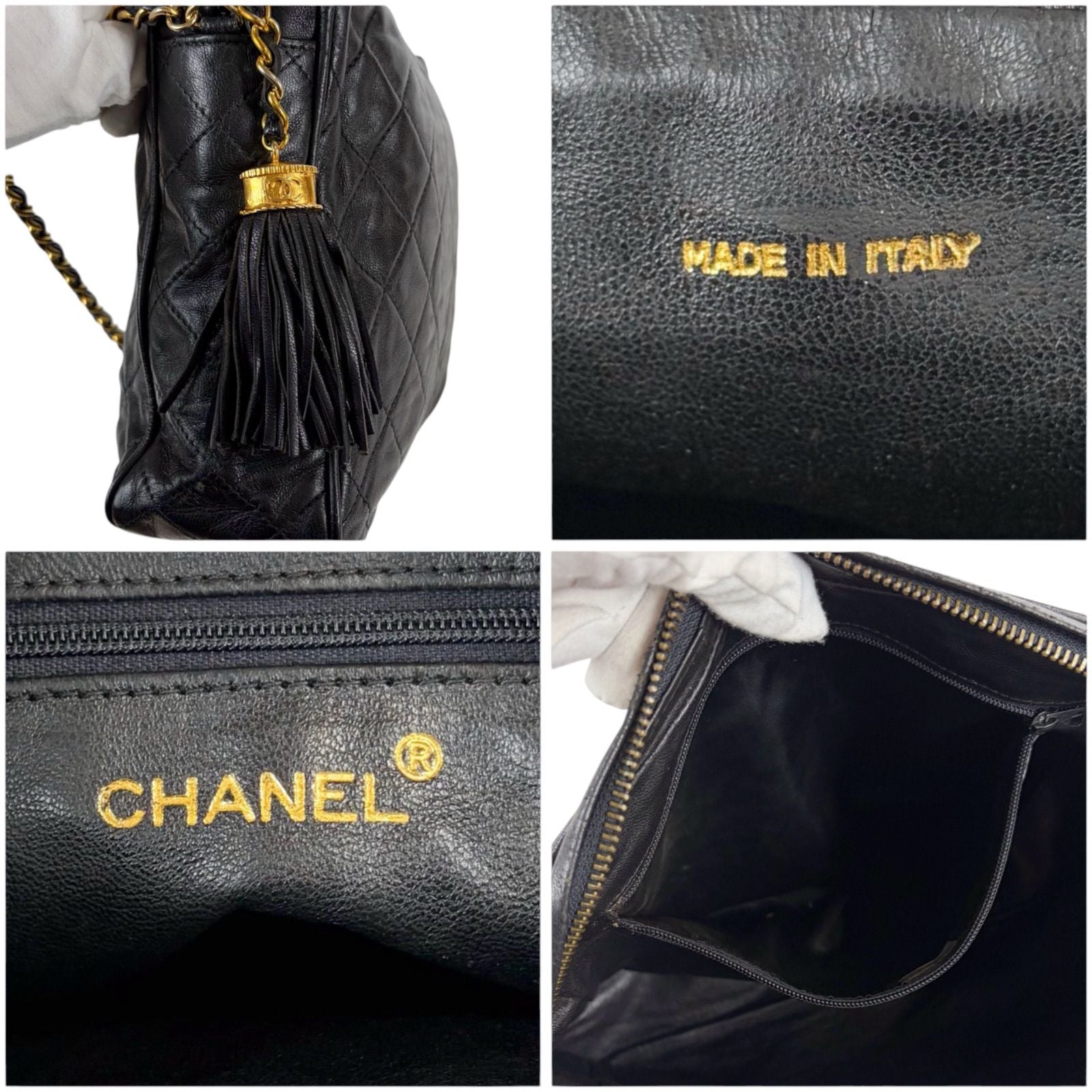 Chanel Quilted Chain Shoulder Bag Tassel Charm Fringe Black Lambskin — view 9