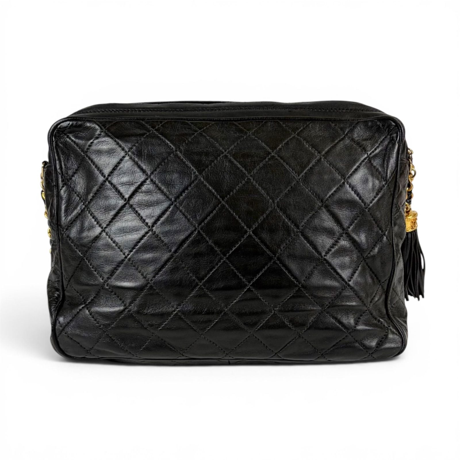 Chanel Quilted Chain Shoulder Bag Tassel Charm Fringe Black Lambskin — view 4