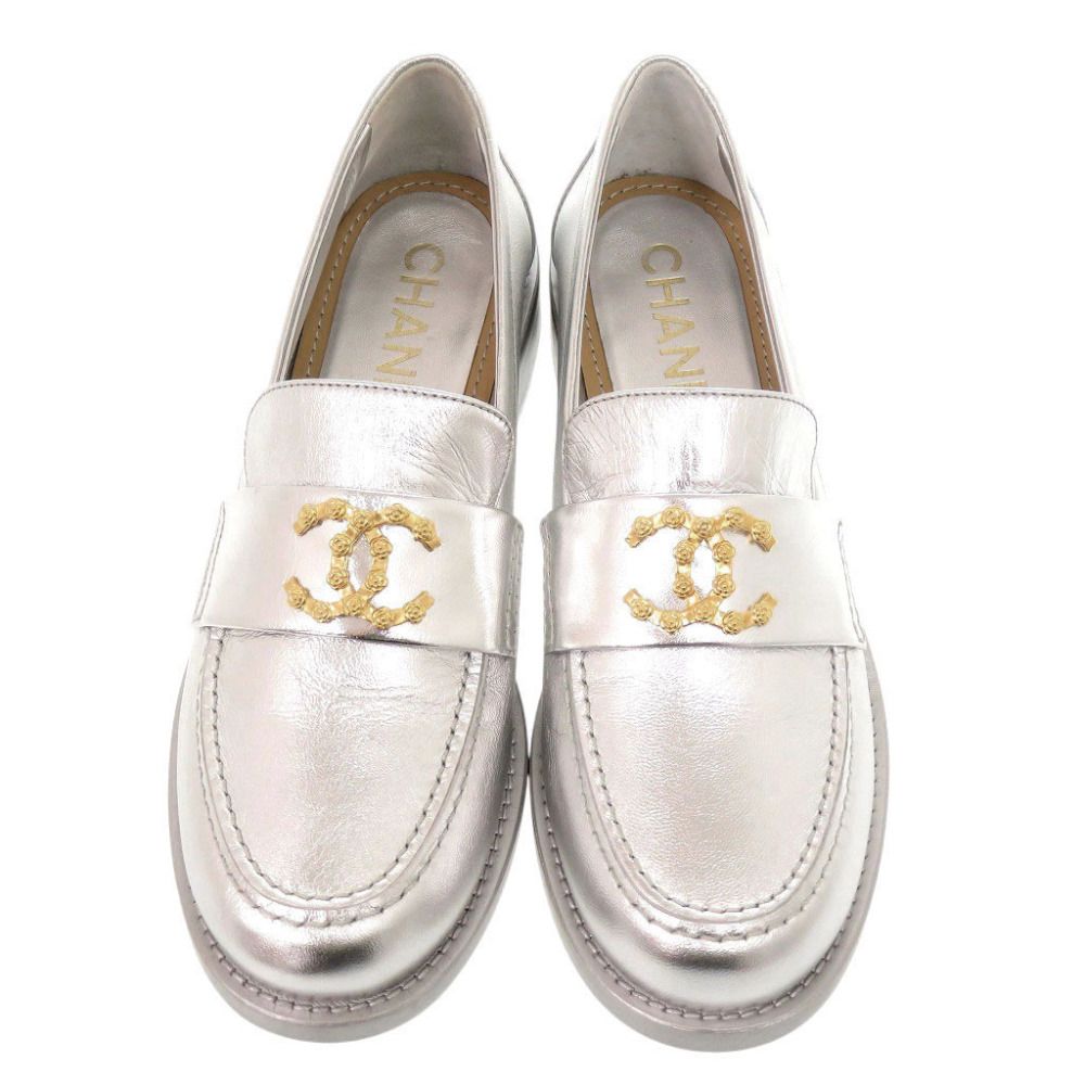 Chanel CC Logo Camellia 37c Leather Silver Loafers — view 3