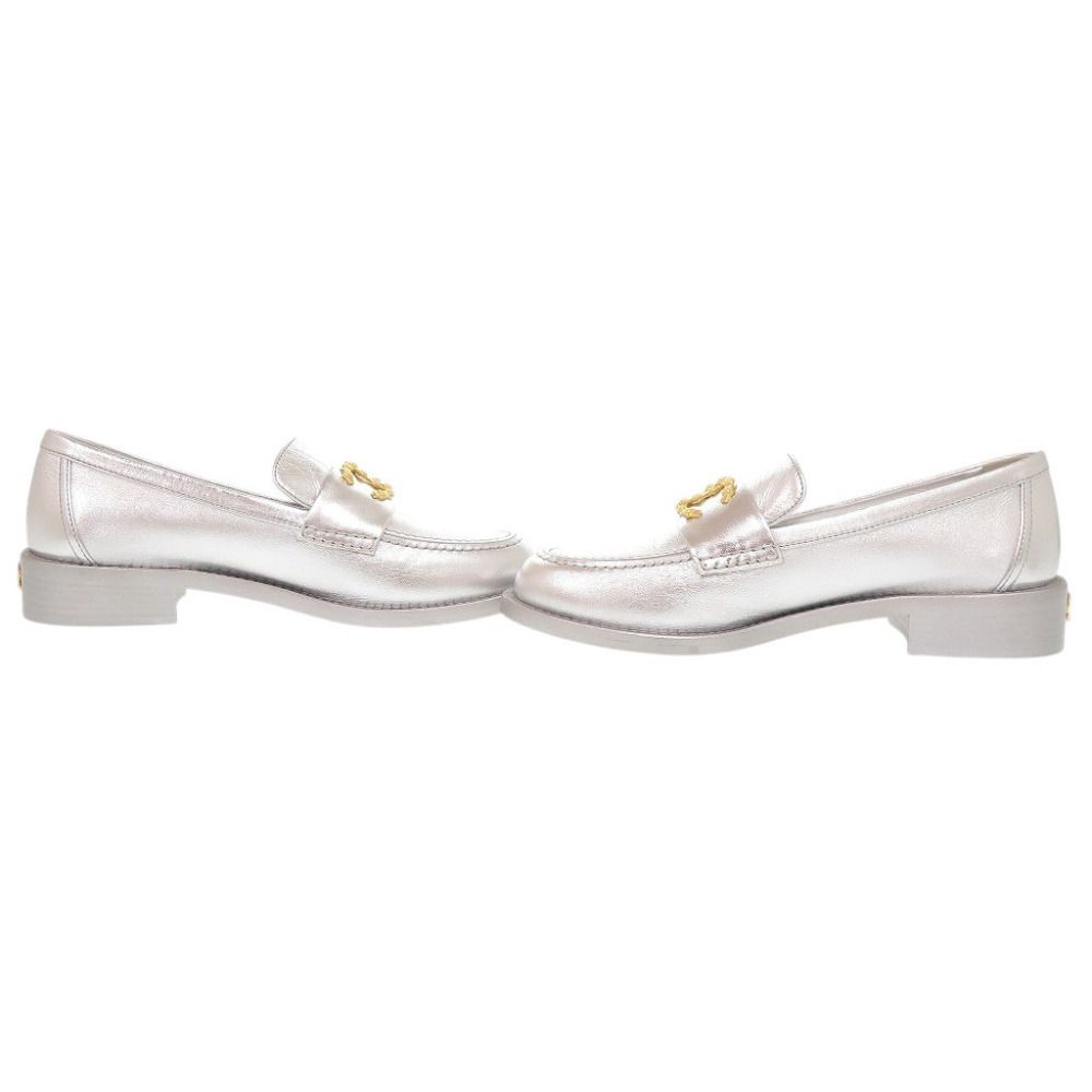 Chanel CC Logo Camellia 37c Leather Silver Loafers — view 7