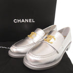 Chanel CC Logo Camellia 37c Leather Silver Loafers — view 2