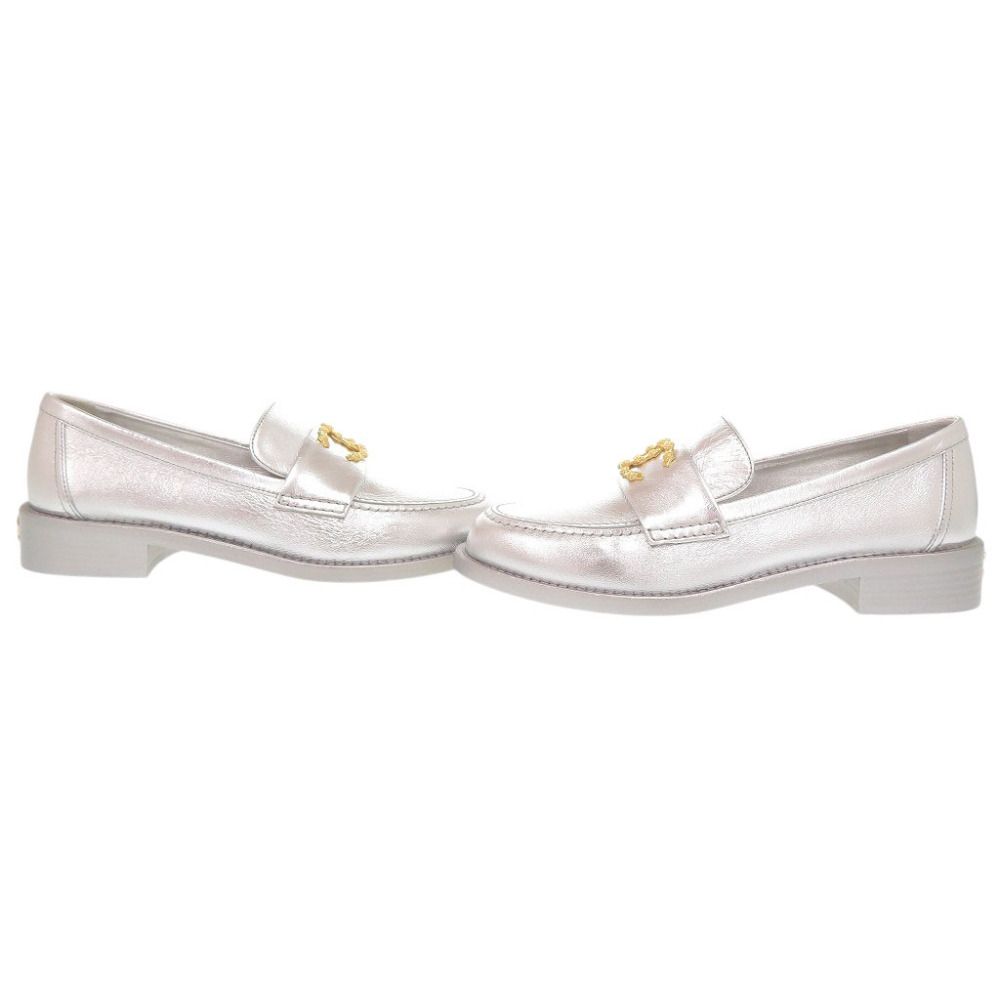 Chanel CC Logo Camellia 37c Leather Silver Loafers — view 6