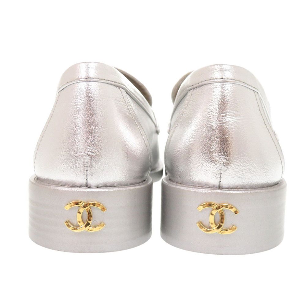 Chanel CC Logo Camellia 37c Leather Silver Loafers — view 4