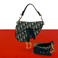Dior Saddle Bag Trotter Pattern Canvas Leather 2-Way Navy