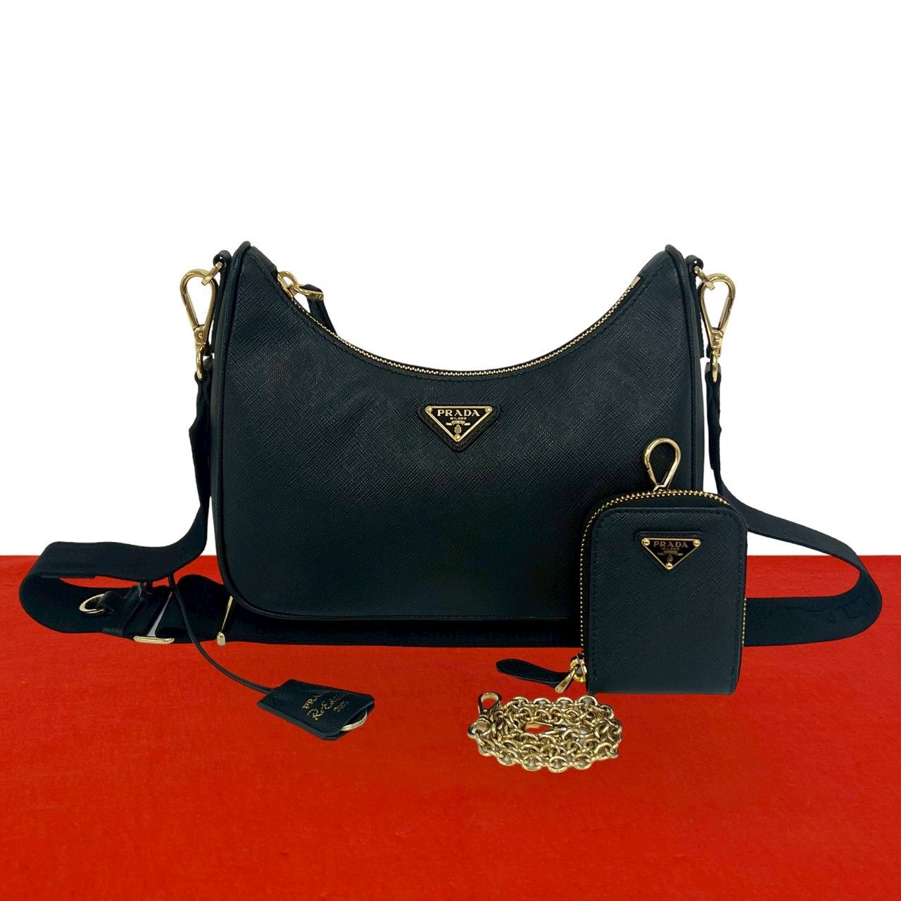 Prada Re Edition Triangle Logo Saffiano Leather Shoulder Bag Semi Black