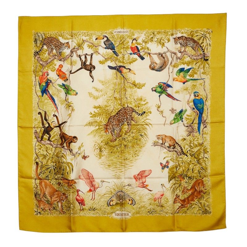 Hermes Carre 90 Wash Red Equateur Scarf Beige Silk