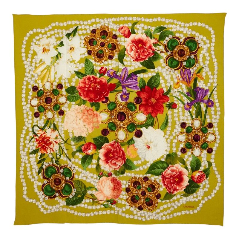 Chanel Flower Floral Scarf Large Green Multicolor Silk