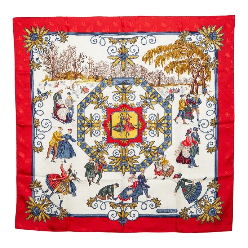 Hermes Carre 90 Joies D' Hiver Winter Enjoyment Scarf Large Red Silk