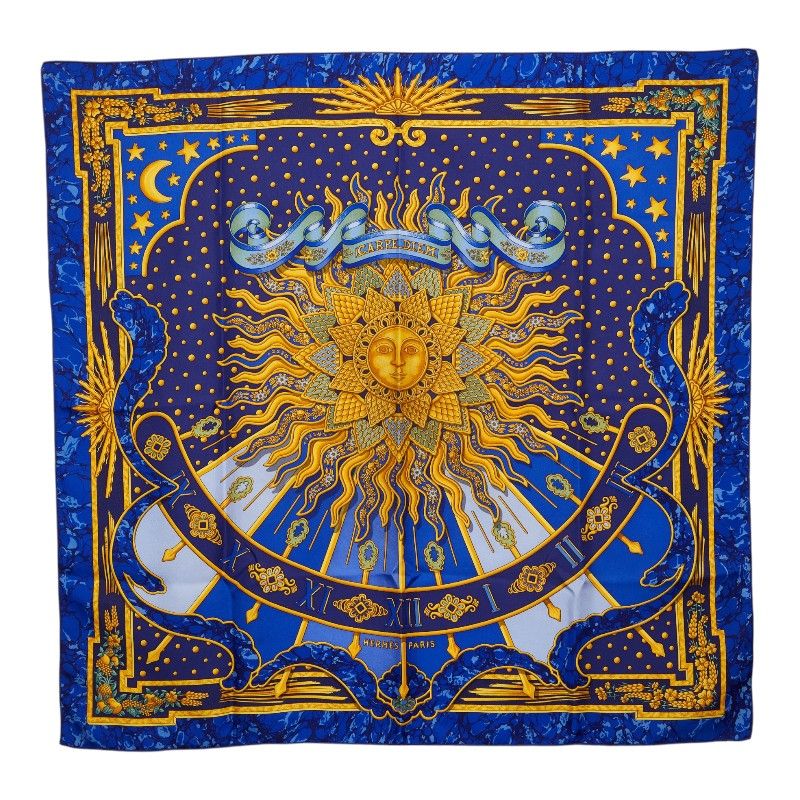 Hermes Carre 90 Carpe Diem Enjoy Your Day Scarf Large Blue Silk