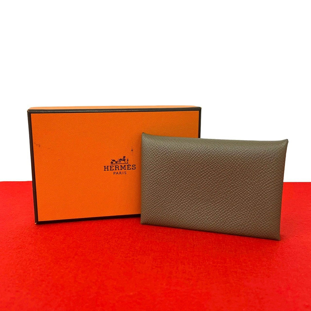Hermes Calvi Veau Epsom Card Case Business Holder Coin Purse Gray Ju Etoupe