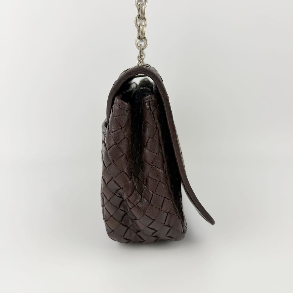 Bottega Veneta Intrecciato Chain Shoulder Flap Bag Leather Brown Vintage — view 6