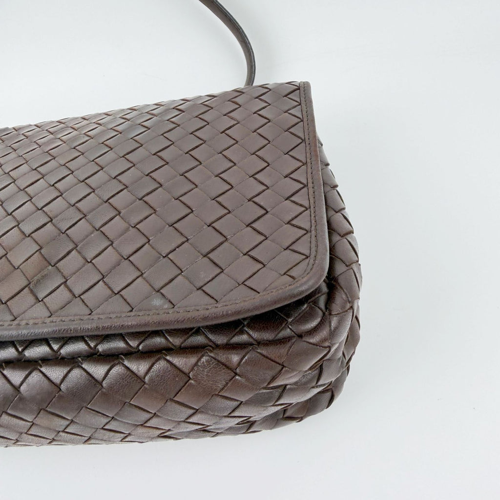 Bottega Veneta Intrecciato Chain Shoulder Flap Bag Leather Brown Vintage — view 9