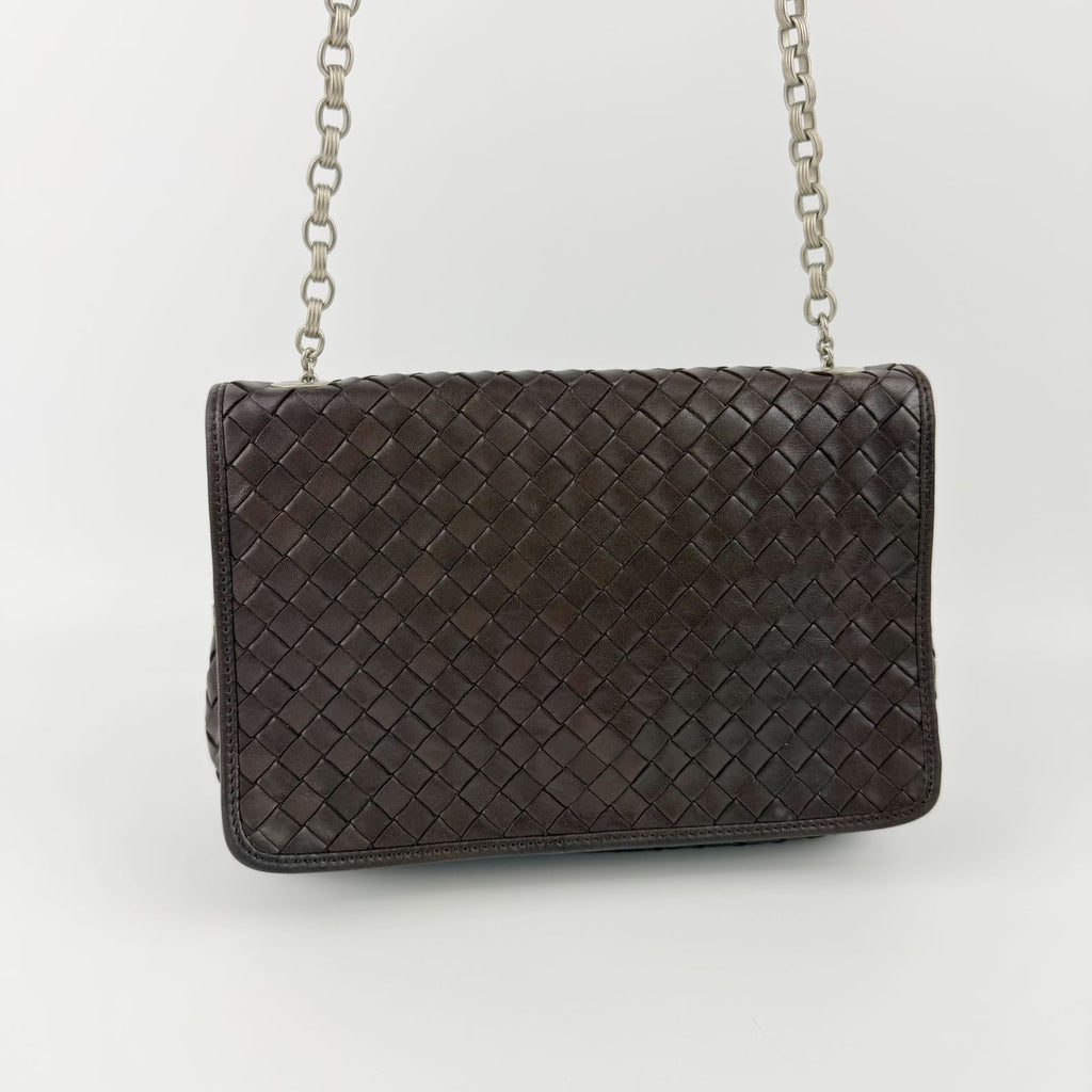 Bottega Veneta Intrecciato Chain Shoulder Flap Bag Leather Brown Vintage — view 3