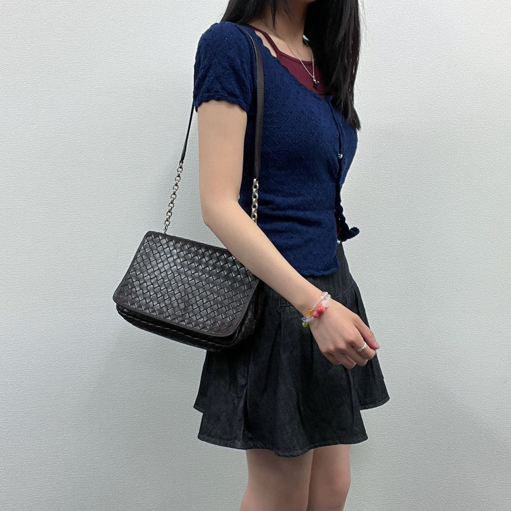 Bottega Veneta Intrecciato Chain Shoulder Flap Bag Leather Brown Vintage — view 2