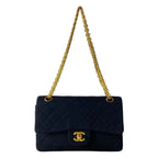 Chanel Shoulder Bag Double Flap Quilted Black Gold Mademoiselle Chain Cotton