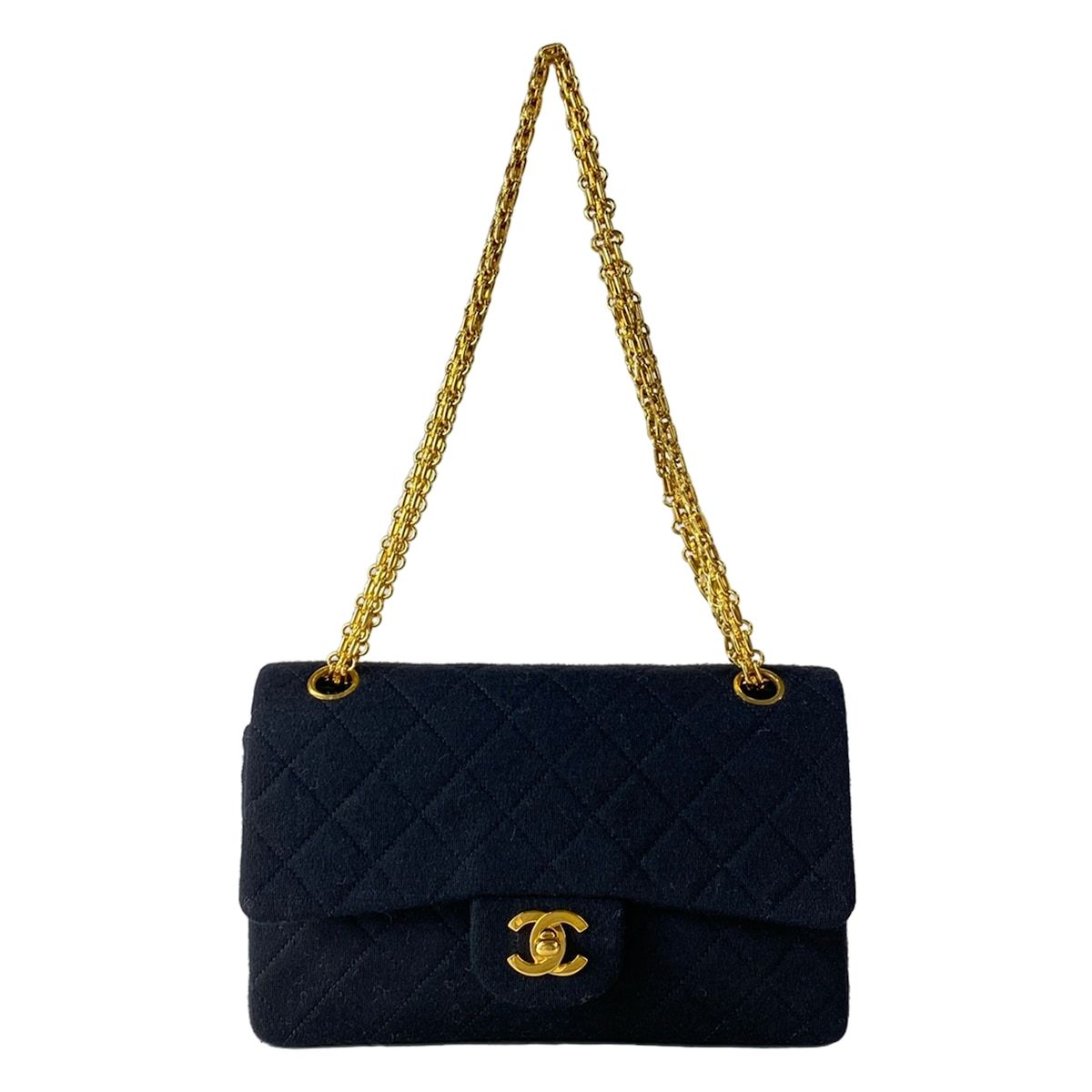 Chanel Shoulder Bag Double Flap Quilted Black Gold Mademoiselle Chain Cotton