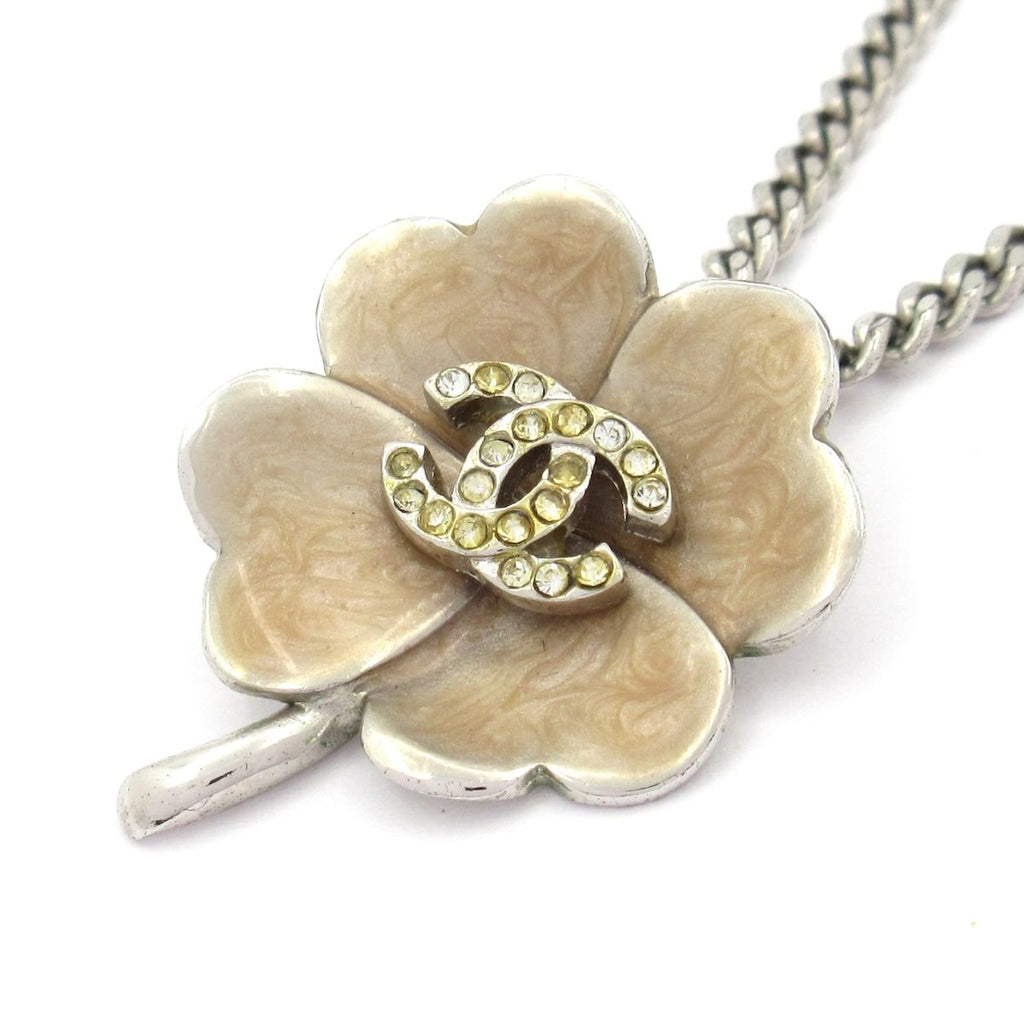 Chanel Necklace Silver Beige Clover CC Logo